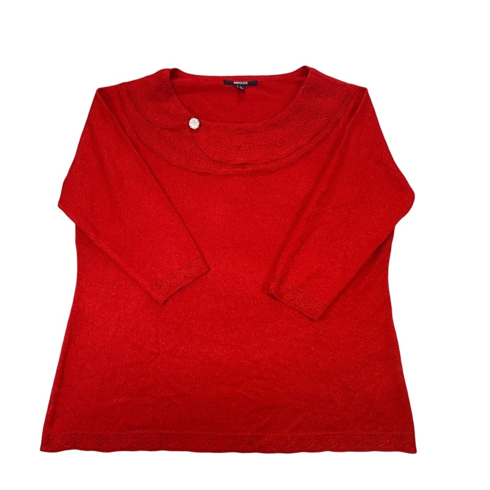 Red Metallic Knit Sweater 1X Rhinestone Button‎ Pointelle Collar 3/4 Sleeve